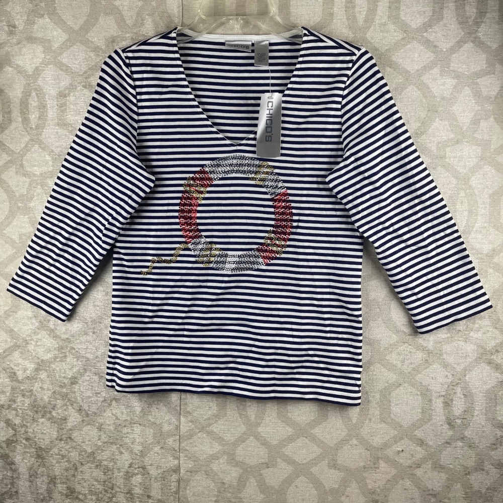 Chico's Seaworthy Stripe Smooth Valentina Women Size 1 M Blue White Striped Tee